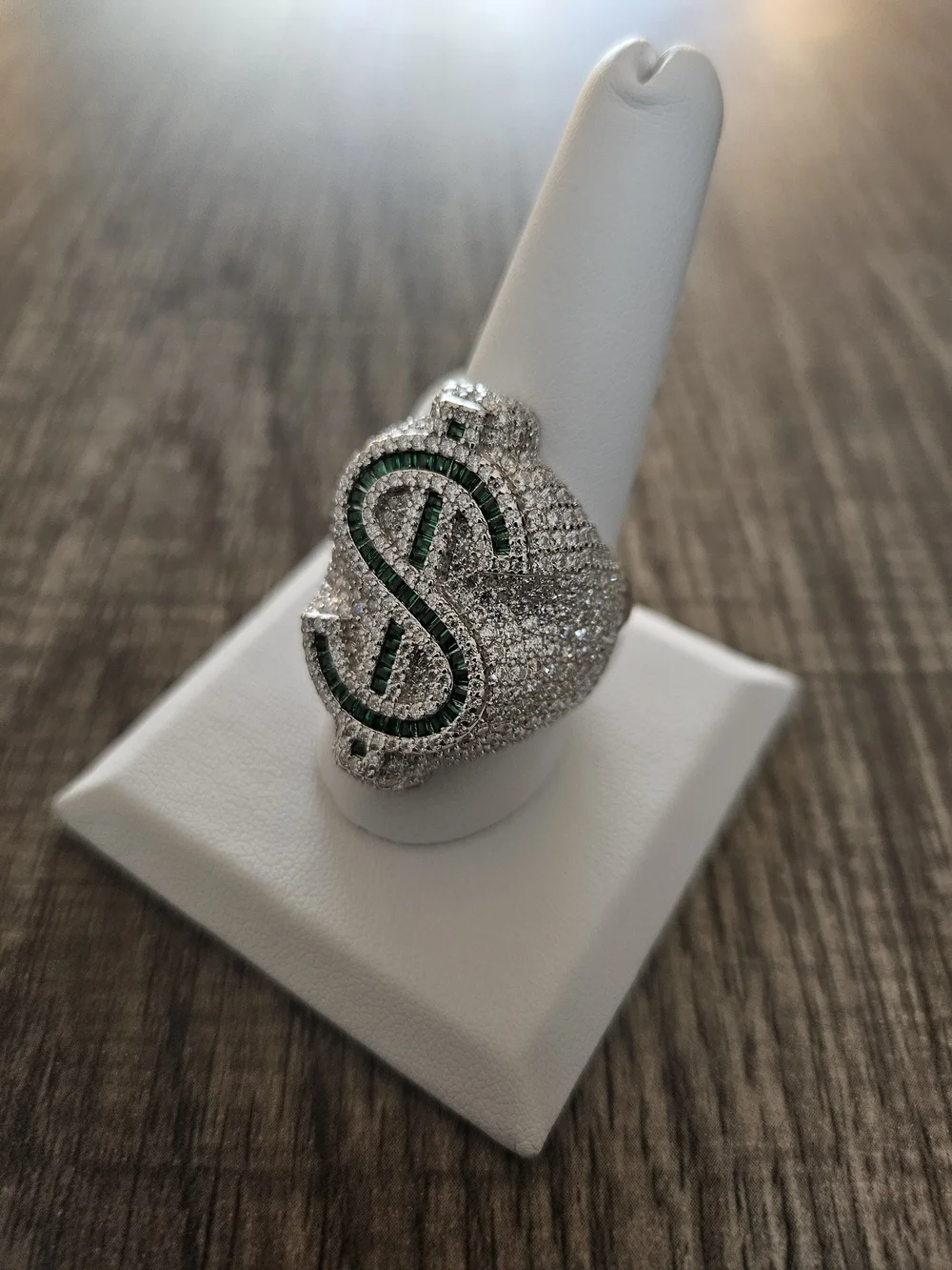 5.18 CTW Moissanite Dollar Sign Ring 925 Sterling Silver Emerald Green Size 11
